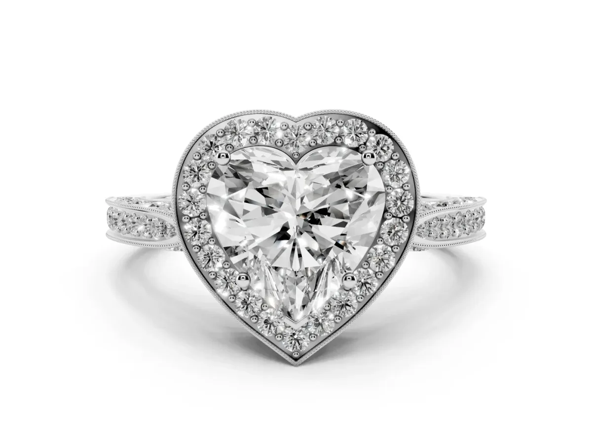 Heart Cut Halo Diamond Engagement Ring with Split Shank Band and Four-Prong Setting Silver