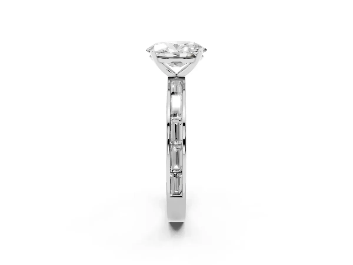 Oval Cut Solitaire Diamond Ring with Channel-Set Baguette Band and Four-Prong Setting White gold