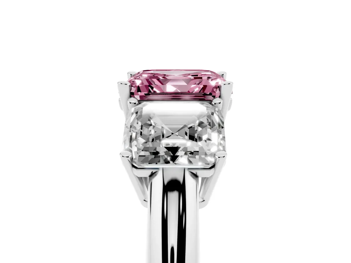 Fancy Pink Three-Stone Asscher Cut Cut Diamond Engagement Ring with Prong Setting on a White Gold Band Platinum