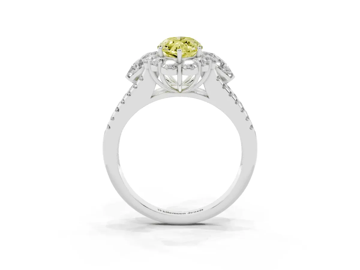 Fancy Yellow Marquise Cut Halo Split Shank Diamond Engagement Ring with Prong Setting Silver