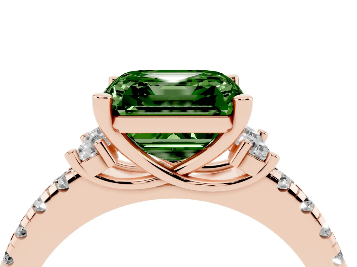 Fancy Green Asscher Cut Diamond Three-Stone Pave Band with Four-Prong Setting Rose gold