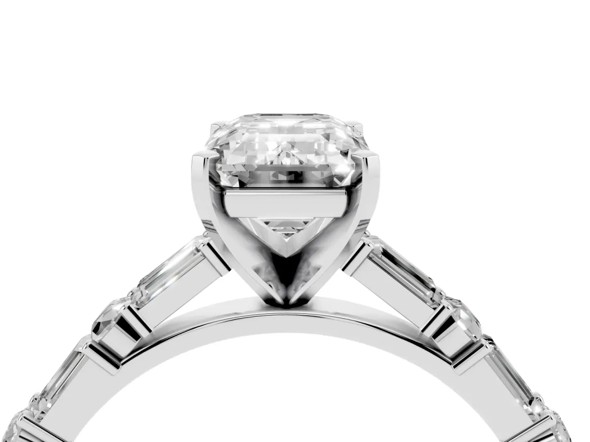 Emerald Cut Diamond Solitaire with Side Baguettes and Channel Set Band Silver