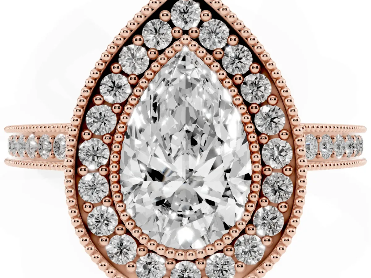 Pear Cut Cut Halo Diamond Ring with Pavé Band and Milgrain Prong Setting Rose gold