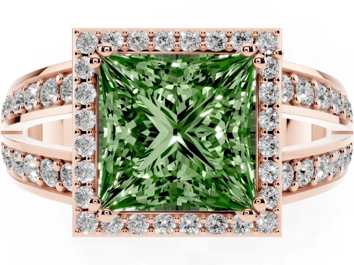 Fancy Green Princess Cut Diamond Halo Ring with Split Shank Pavé Band and Four-Prong Setting Rose gold