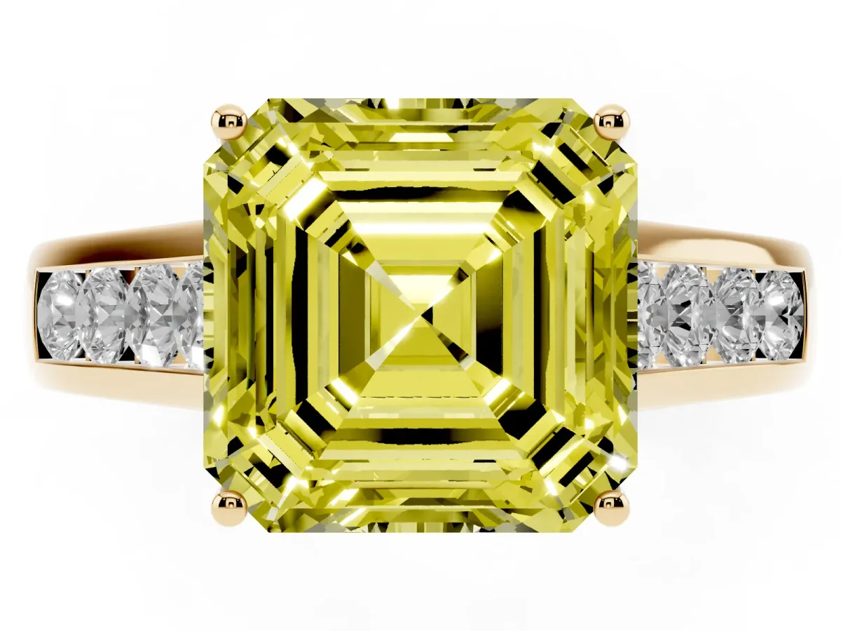 Fancy Yellow Asscher Cut Solitaire Channel-Set Diamond Engagement Ring with Four-Prong Setting Yellow gold