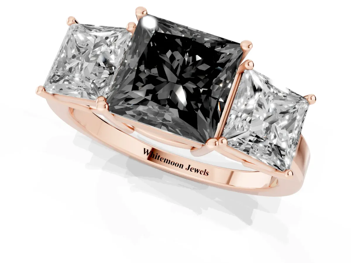 Fancy Black Three-Stone Princess Cut Cut Diamond Engagement Ring with Flat Band and Four-Prong Setting Rose gold