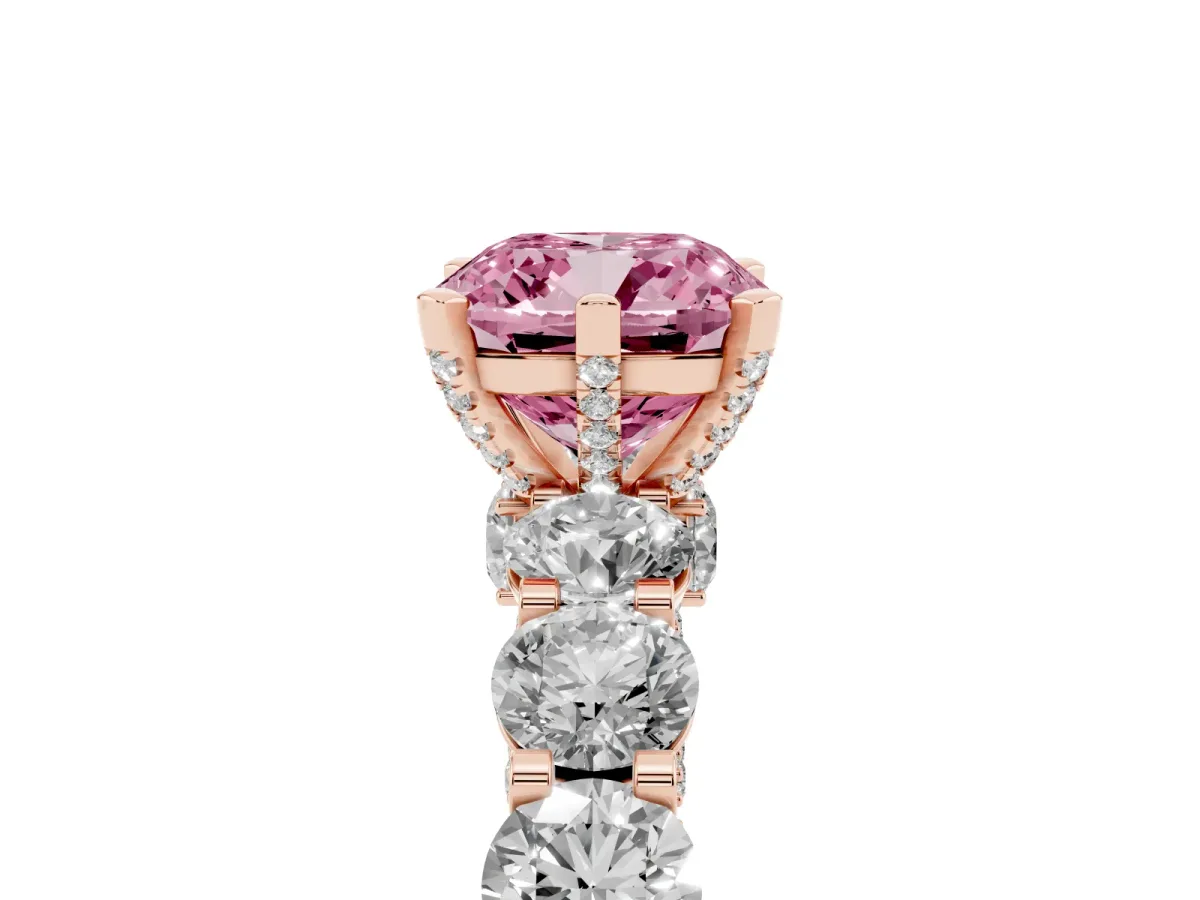Fancy Pink Cushion Cut Diamond Side Stone Engagement Ring with Four-Prong Setting Rose gold