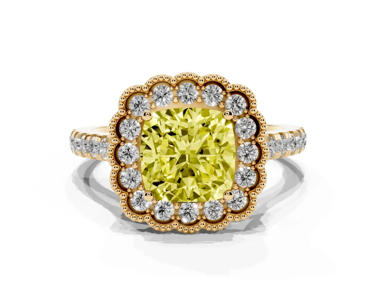 Fancy Yellow Cushion Cut Cut Diamond Milgrain Floral Halo Engagement Ring with Pavé Band Yellow gold
