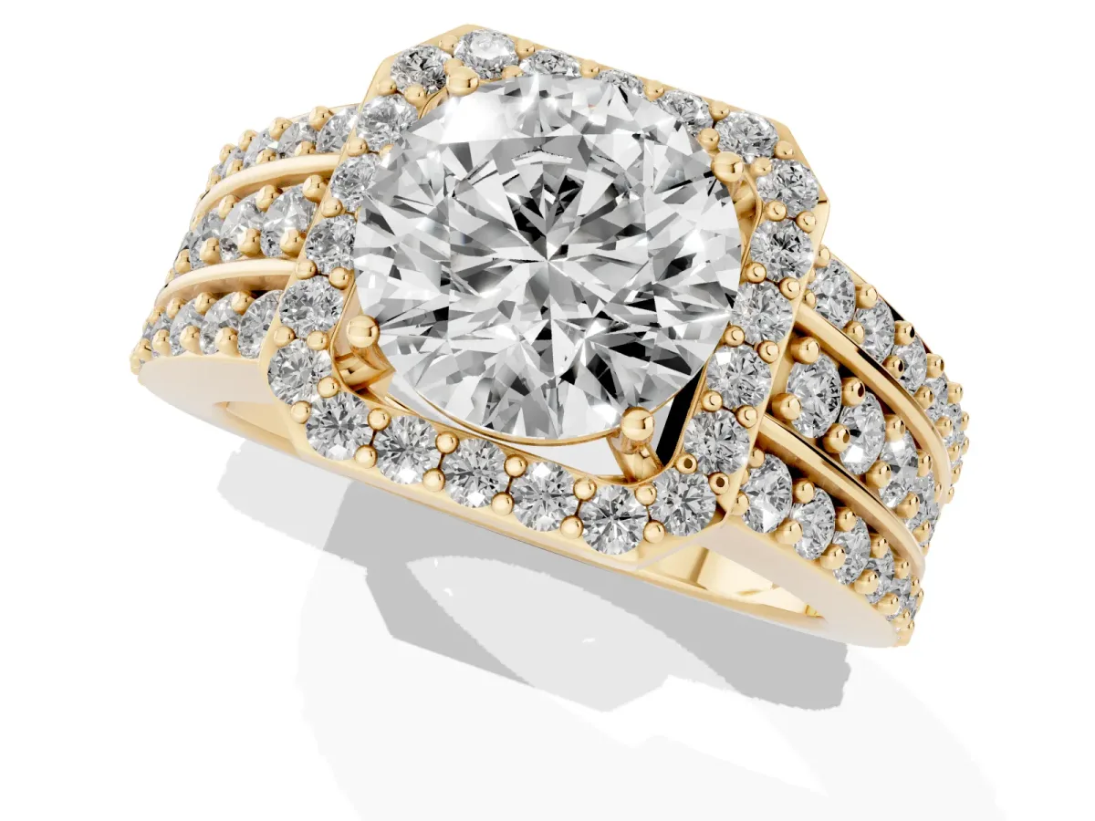 Round Cut Halo Diamond Ring with Round Split Shank and Prong Setting Yellow gold