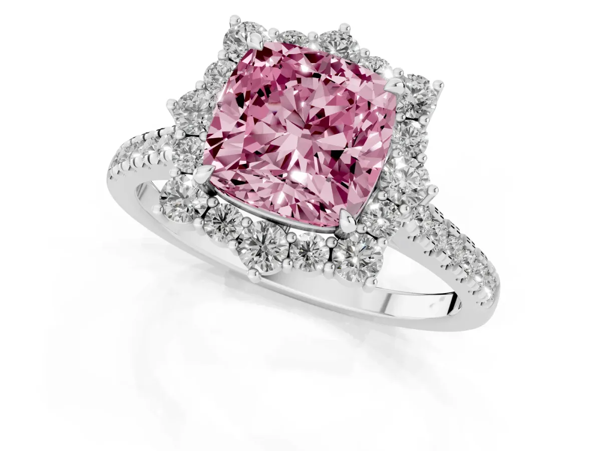 Fancy Pink Cushion Cut Halo Diamond Ring with Pavé Band and Prong Setting Silver