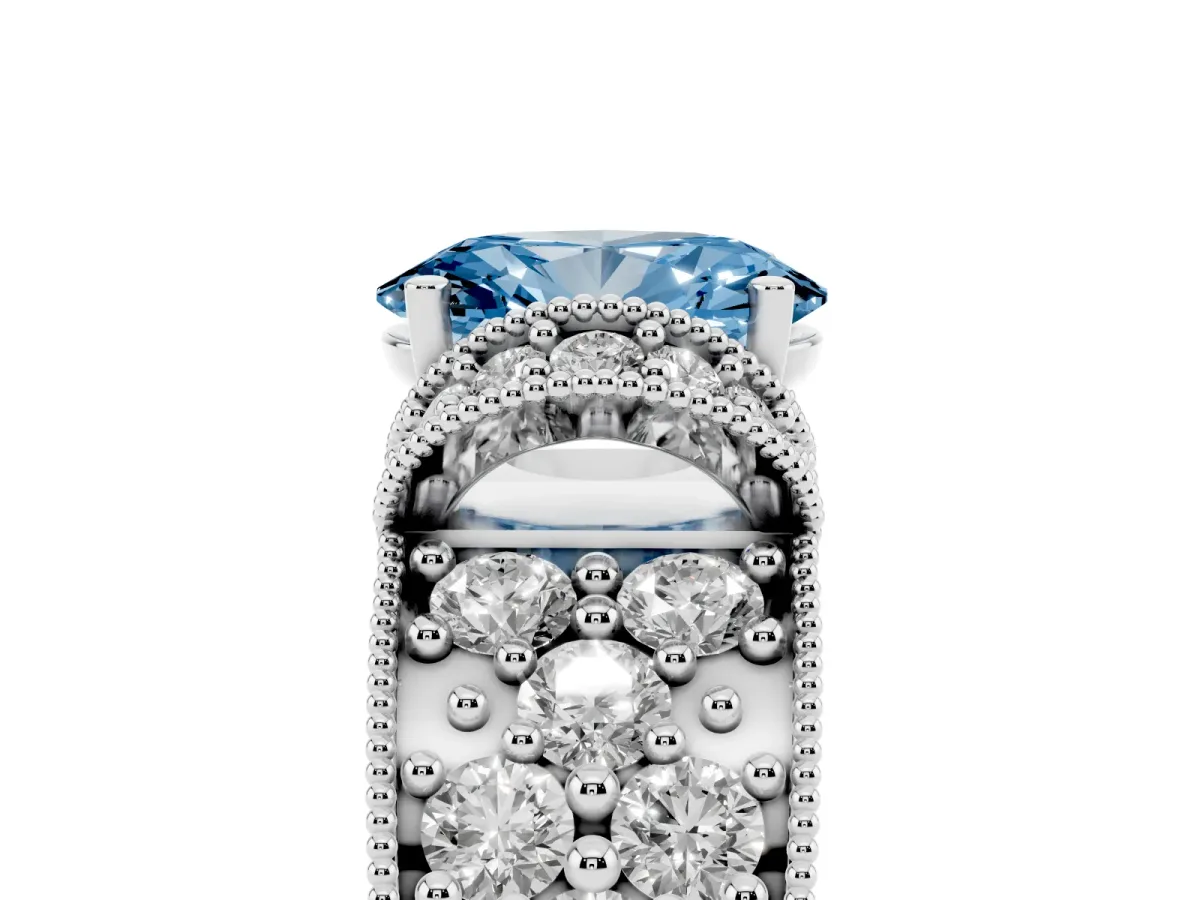 Fancy Blue Oval Cut Halo Pave Diamond Engagement Ring with Milgrain Detailing White gold
