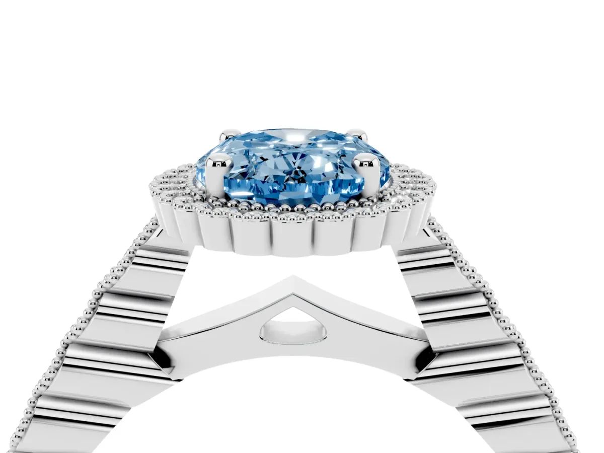 Fancy Blue Oval Cut Cut Halo Pavé Solitaire Ring with Milgrain Band Silver