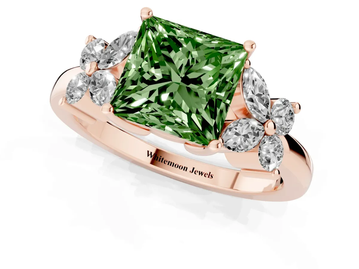 Fancy Green Princess Cut Diamond Floral Cluster Ring with Solitaire Band and Prong Setting Rose gold