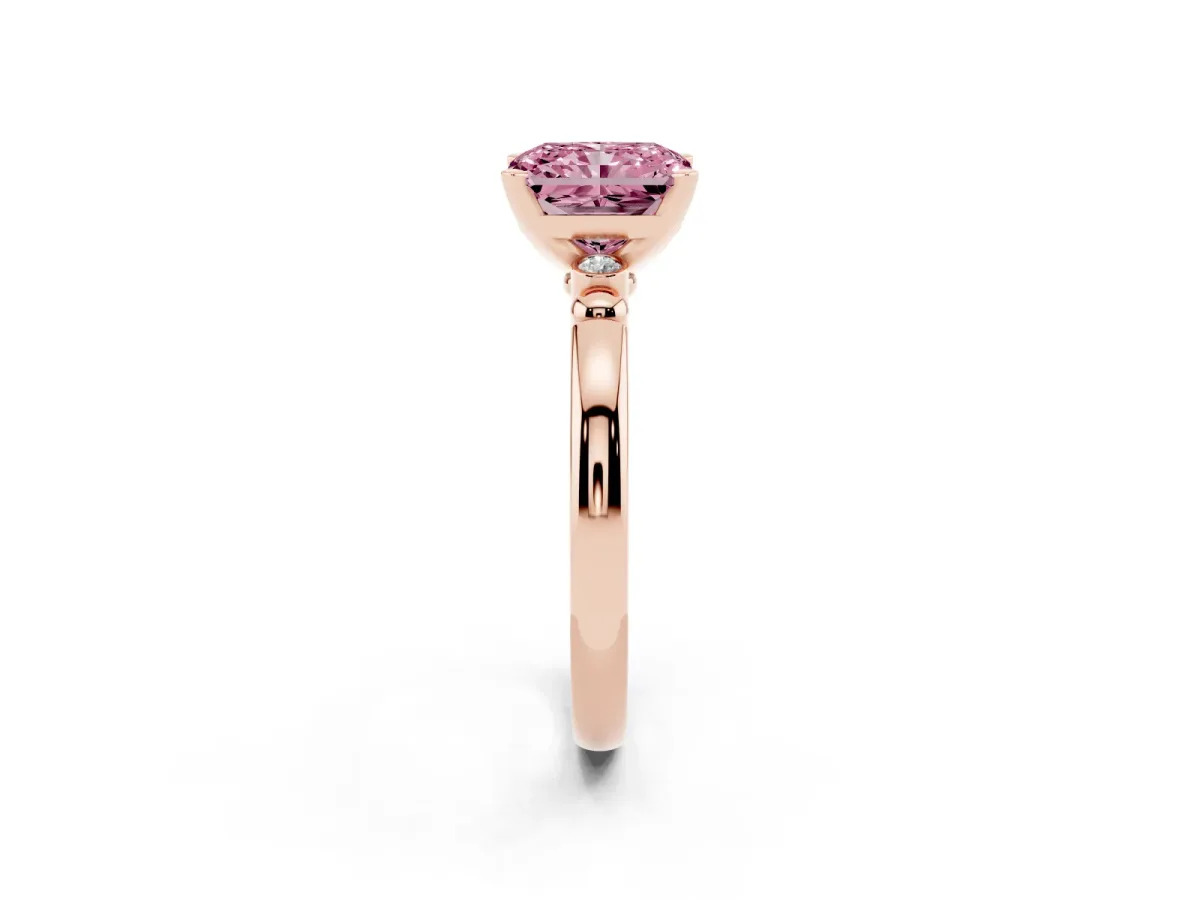 Fancy Pink Radiant Cut Solitaire Beaded Band with Four-Prong Setting Rose gold
