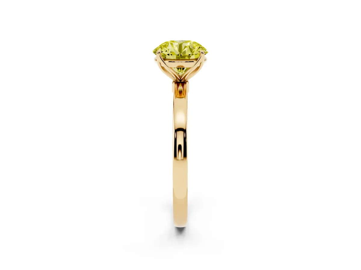 Fancy Yellow Round Cut Diamond Solitaire Ring with Thin Band and Prong Setting Yellow gold