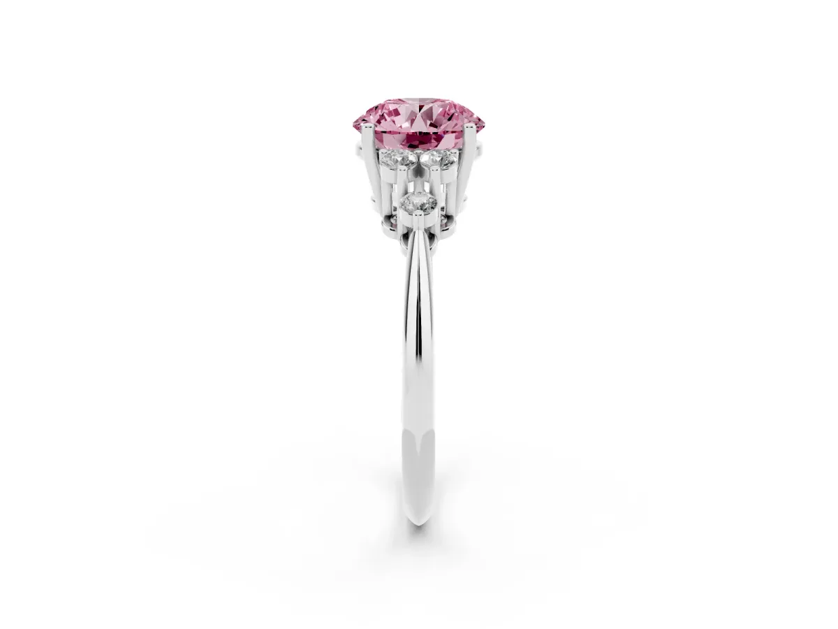 Fancy Pink Round Cut Cut Diamond Cluster Ring with Solitaire Band and Four-Prong Setting Silver