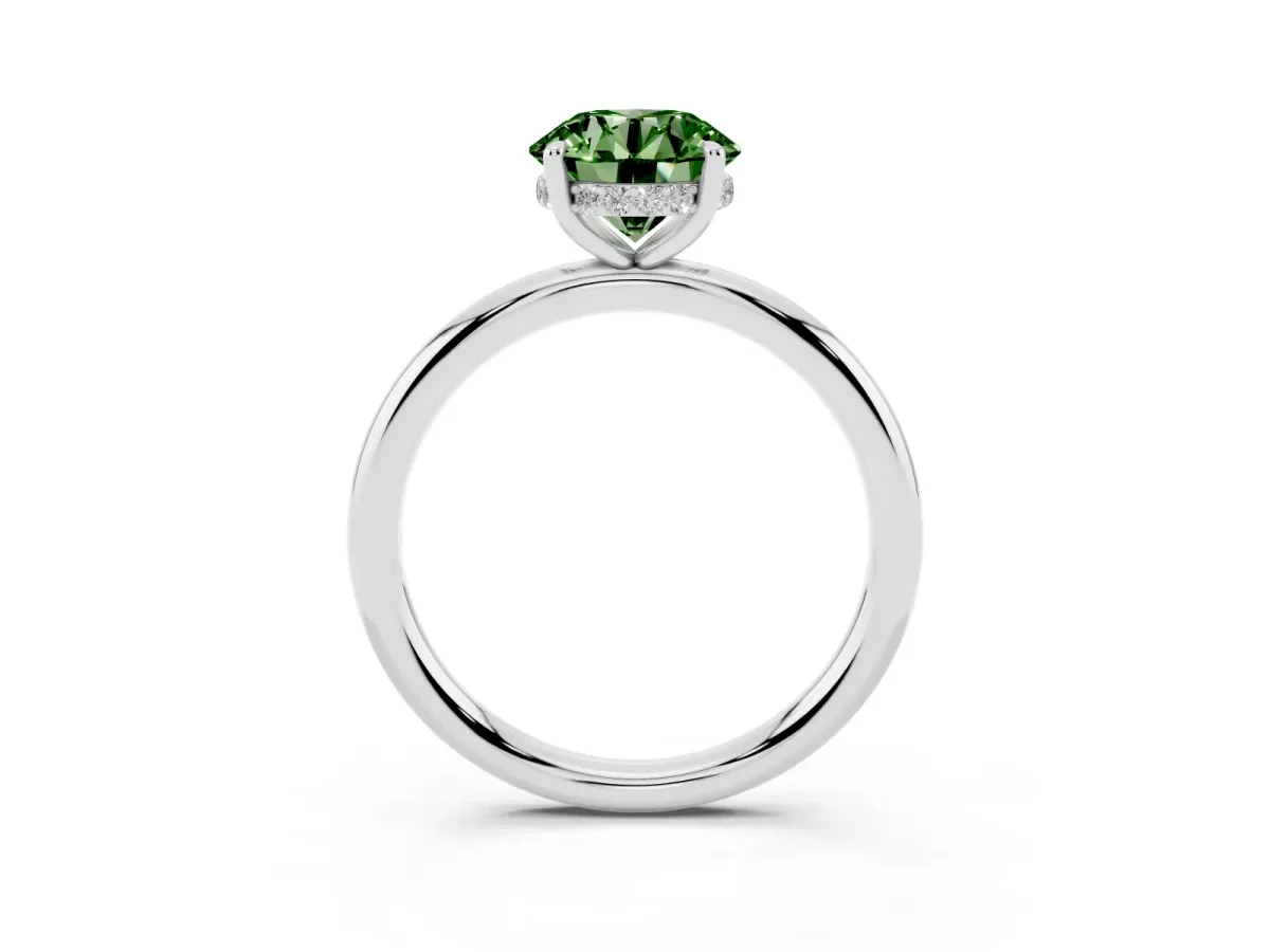 Fancy Green Round Cut Diamond Solitaire Ring with Thin Band and Four-Prong Setting Silver