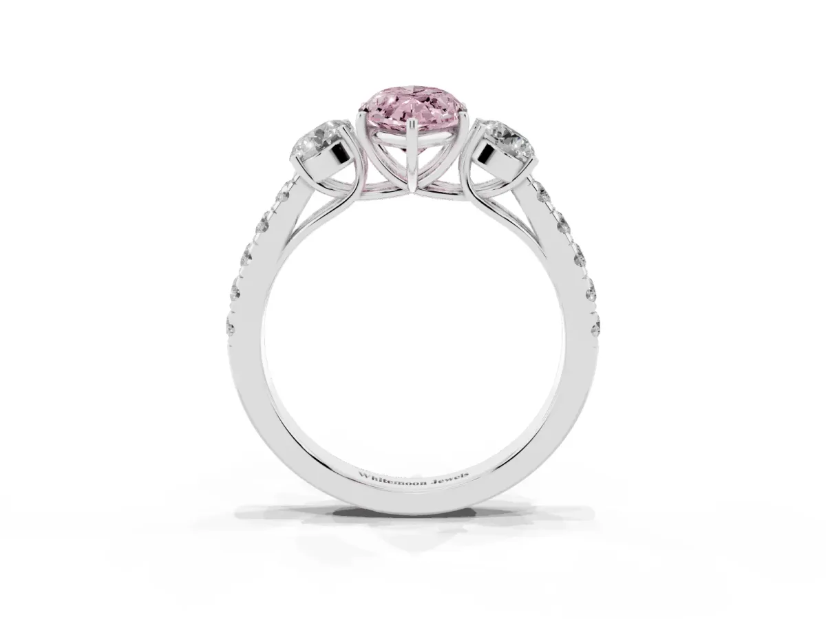 Fancy Pink Marquise Cut Cut Diamond Three-Stone Ring with Round Side Stones and Pavé Band White gold