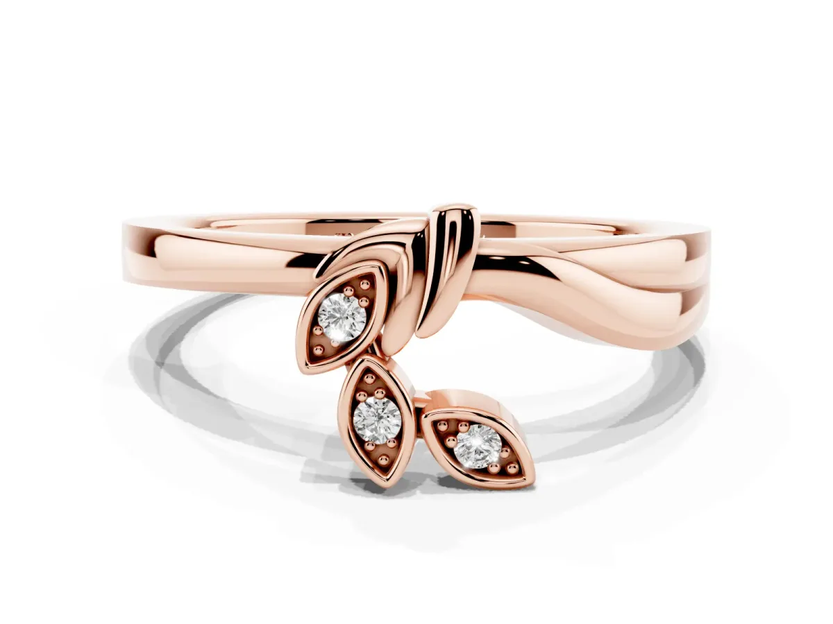 Three-Stone Round Diamond Leaf Bypass Ring with Bezel Setting Rose gold