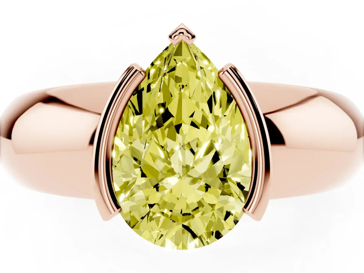 Fancy Yellow Pear Cut Solitaire Tension Set Diamond Ring with Wide Band Rose gold