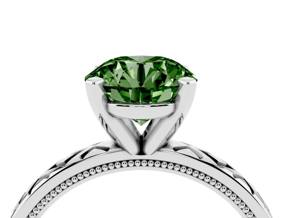 Fancy Green Round Cut Solitaire Diamond Ring with Milgrain and Black Enamel X Pattern Band Silver
