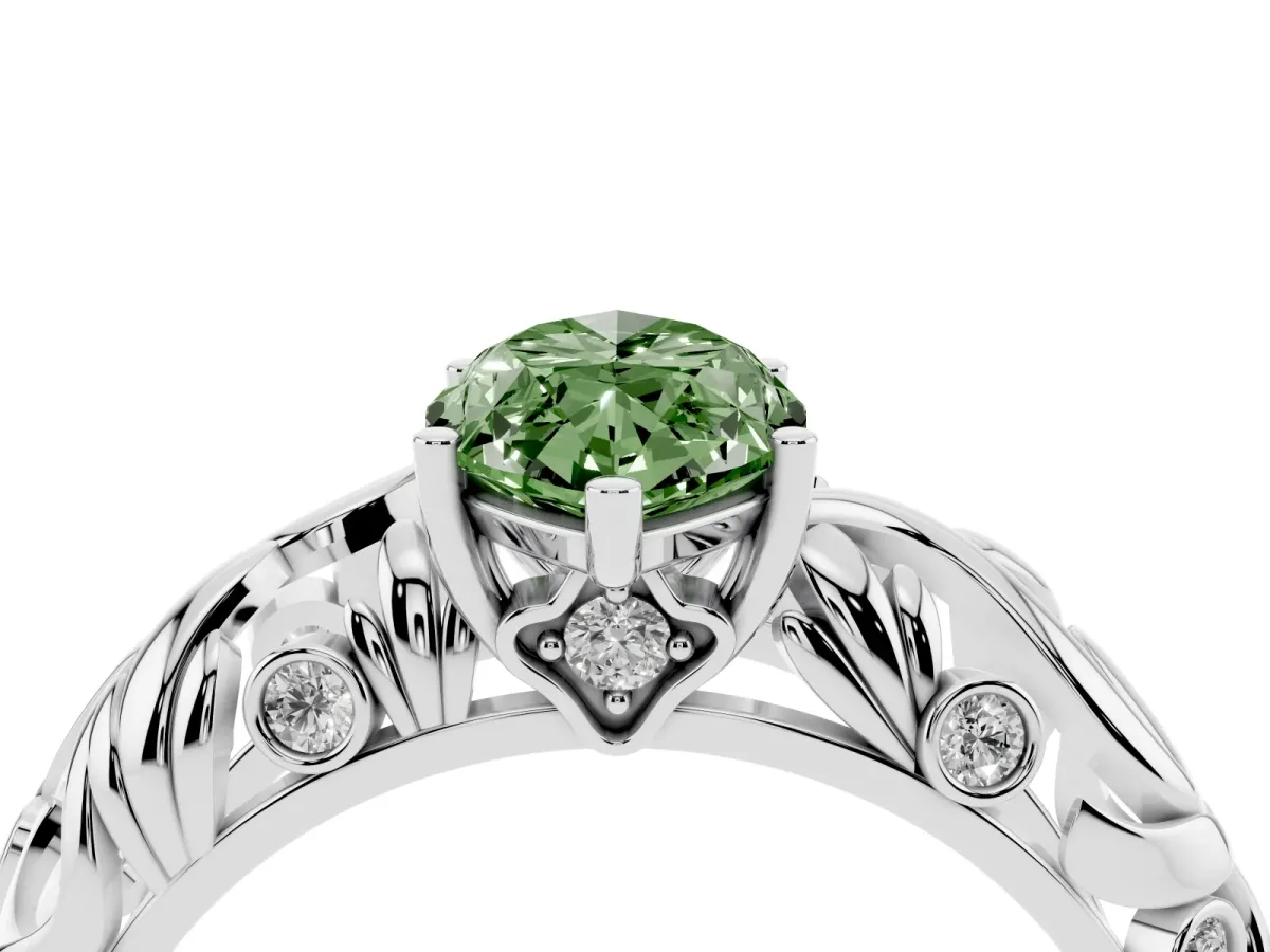Fancy Green Marquise Cut Solitaire Diamond Leaf-Inspired Vine Band Ring with Prong Setting Silver