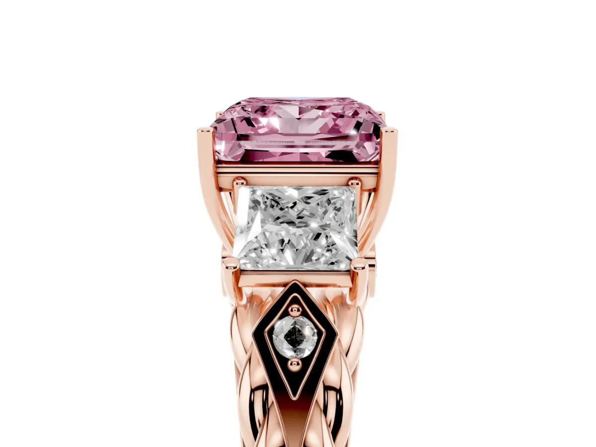 Fancy Pink Three-Stone Princess Cut Diamond Braided Band Ring with Four-Prong Setting Rose gold
