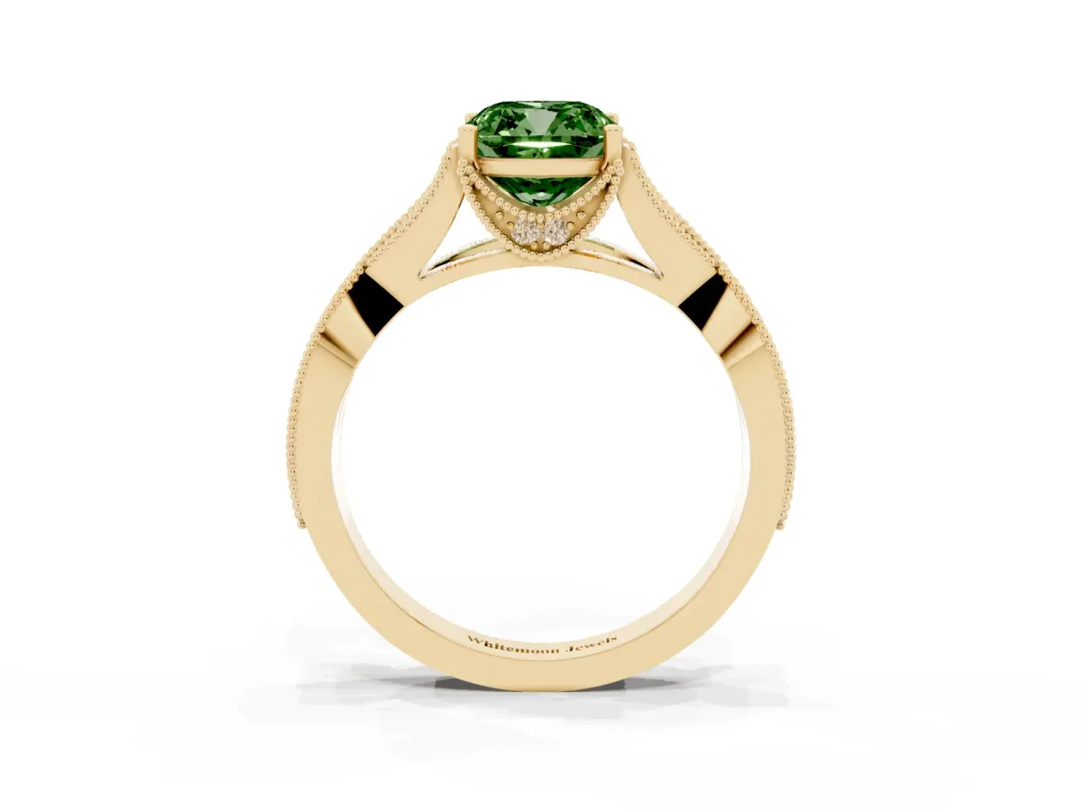 Fancy Green Cushion Cut Cut Diamond Twisted Band with Milgrain Pave Setting and Four-Prong Setting Yellow gold
