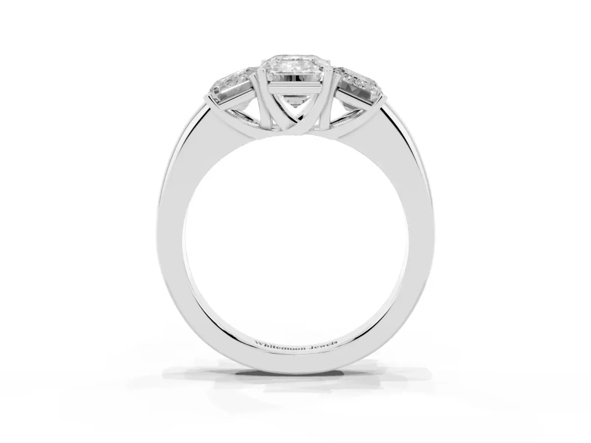 Emerald Cut Diamond Three-Stone Ring with Four-Prong Setting and Classic Band Platinum