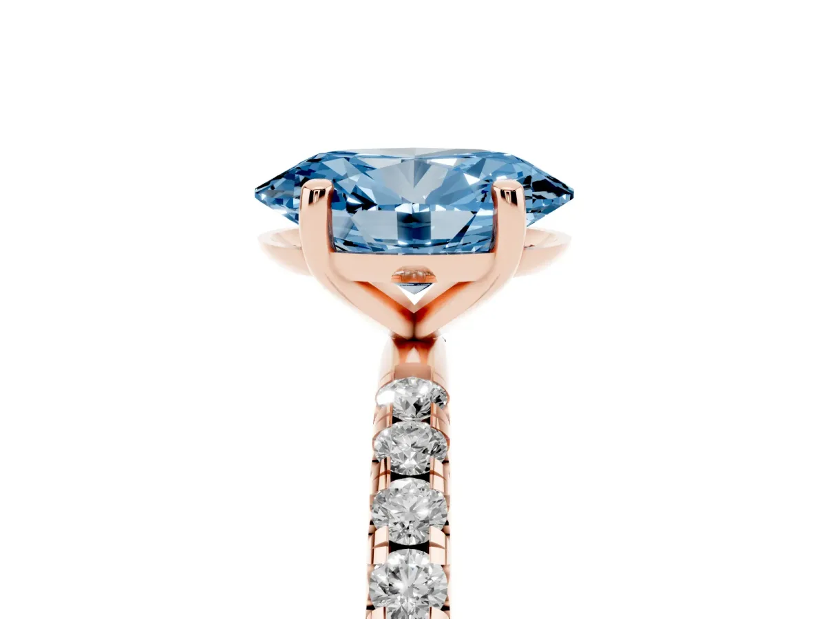Fancy Blue Oval Cut Cut Diamond Solitaire Ring with Micro Pave Band and Four Prong Setting Rose gold