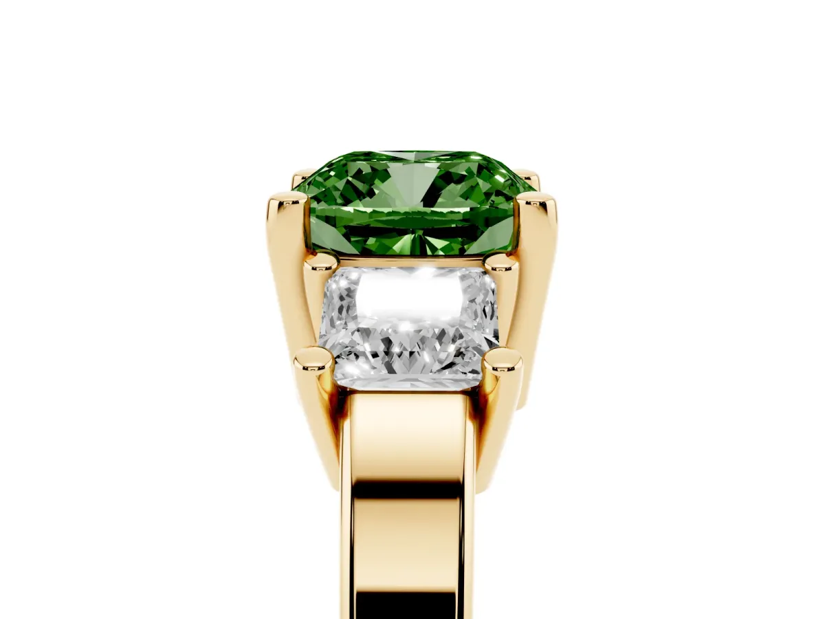Fancy Green Three-Stone Cushion Cut Cut Solitaire Ring with Prong Setting Yellow gold