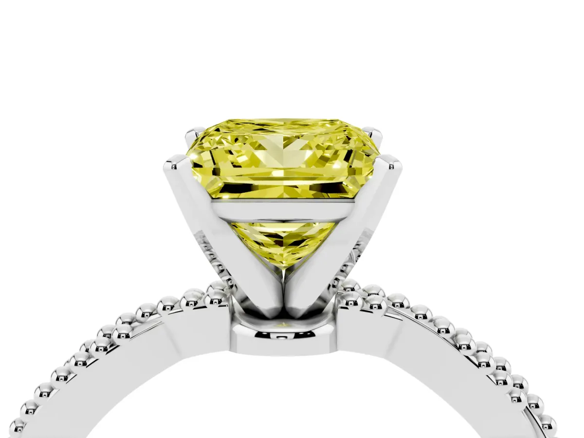 Fancy Yellow Princess Cut Solitaire Twisted Band with Bead Prong Setting Platinum
