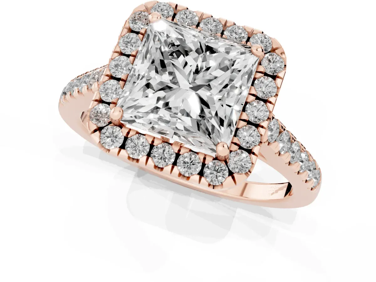 Princess Cut Halo Pavé Diamond Engagement Ring with Four-Prong Setting Rose gold
