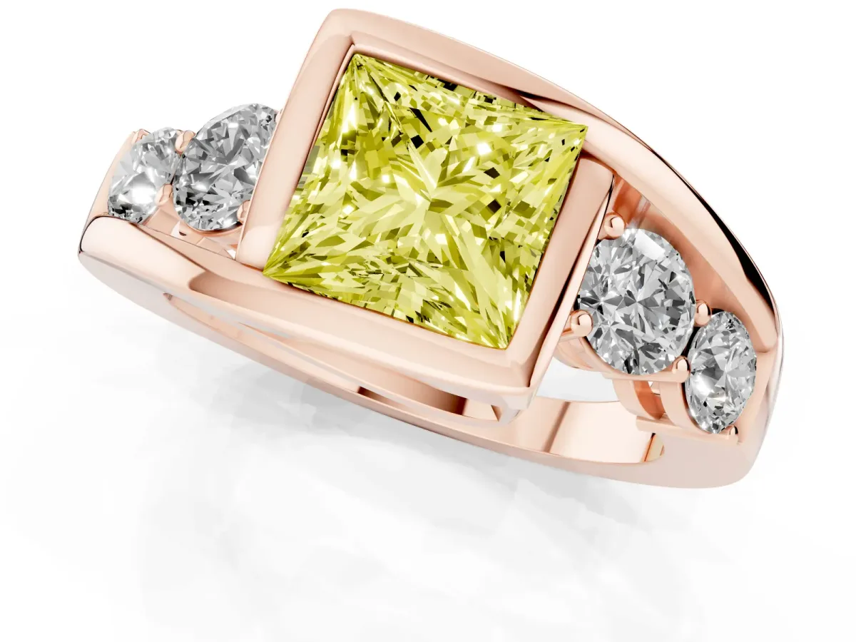 Fancy Yellow Bezel Set Princess Cut Diamond Bypass Ring with Round Accents Rose gold