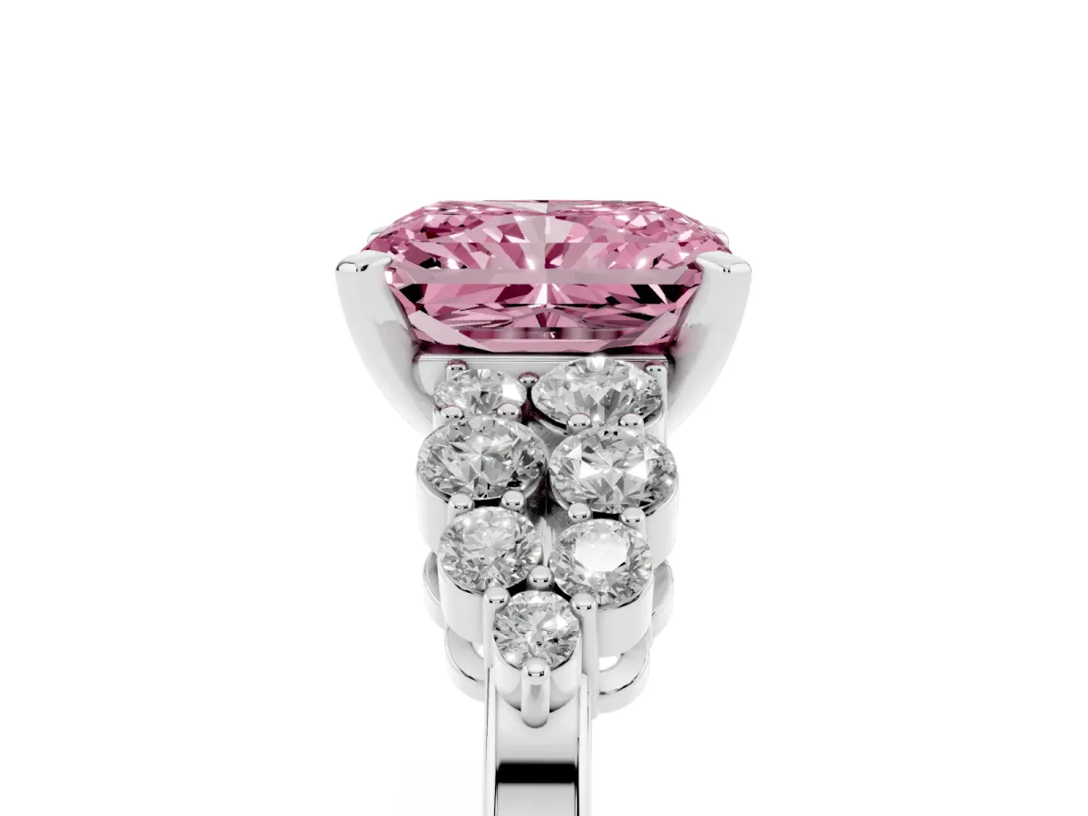 Fancy Pink Radiant Cut Cluster Diamond Engagement Ring with Pavé Band and Four-Prong Setting Silver