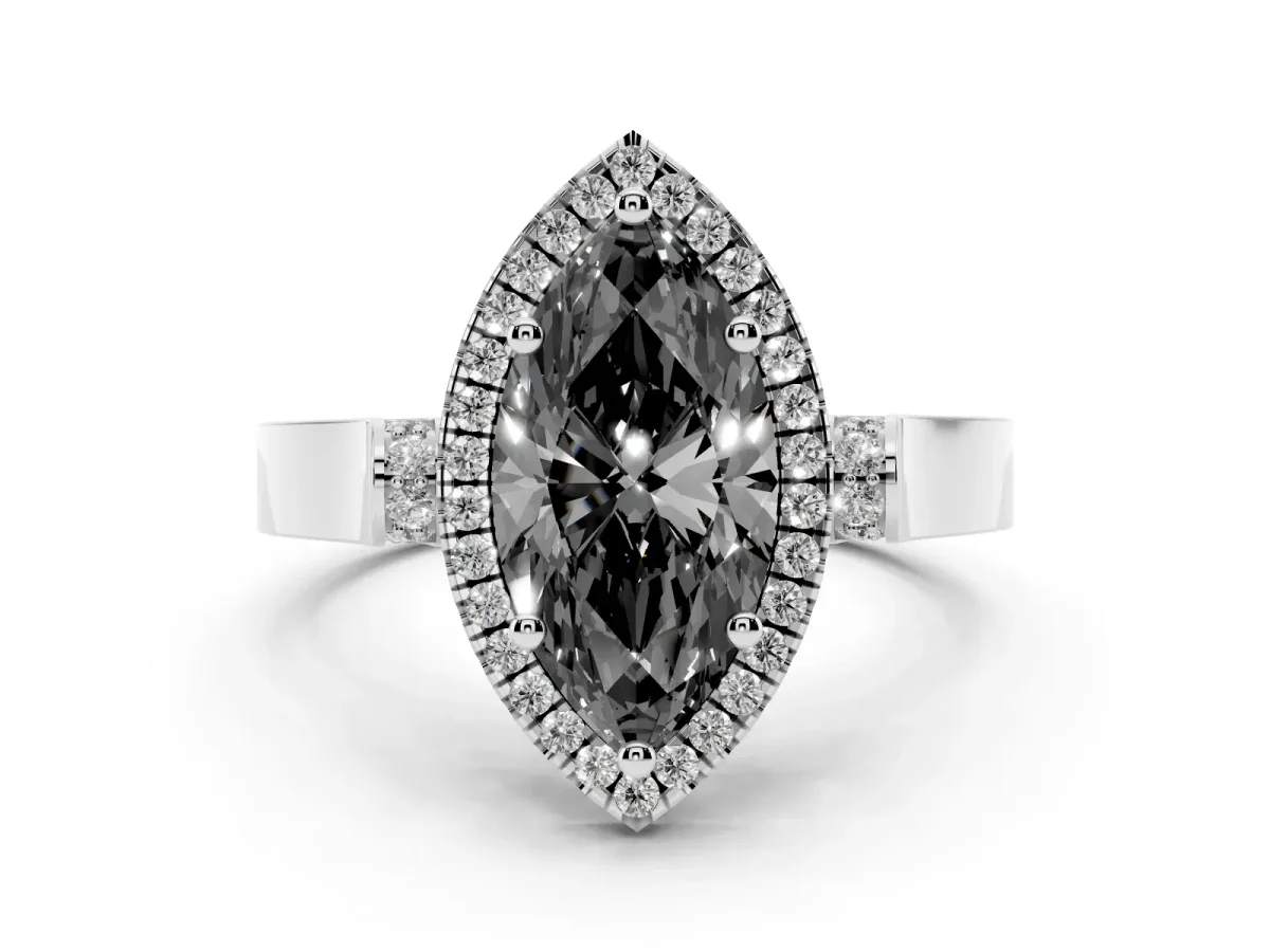 Fancy Black Marquise Cut Halo Round Diamond Twist Band with Four-Prong Setting White gold