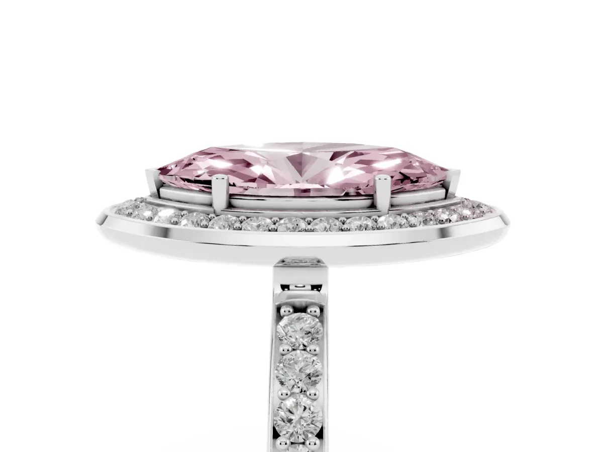 Fancy Pink Marquise Cut Diamond Halo Ring with Bezel Frame and Pavé Band White gold