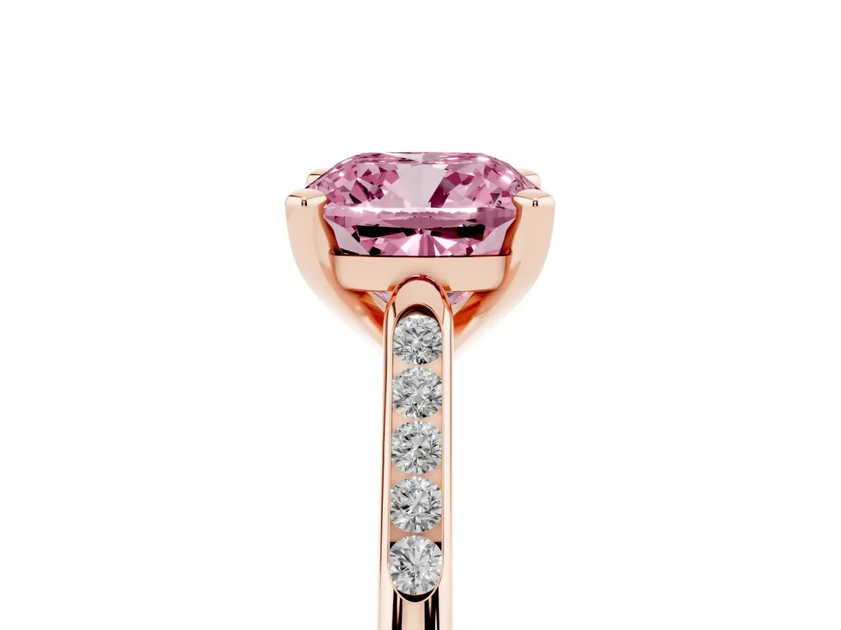 Fancy Pink Cushion Cut Diamond Solitaire Ring with Channel Set Round Band and Prong Setting Rose gold