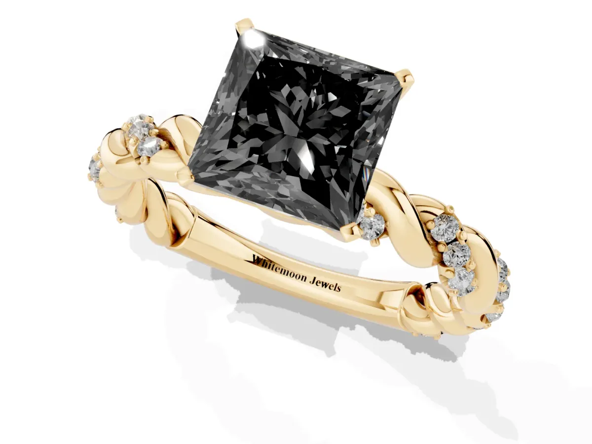 Fancy Black Princess Cut Diamond Solitaire Ring with Twisted Band and Pavé Accents Yellow gold