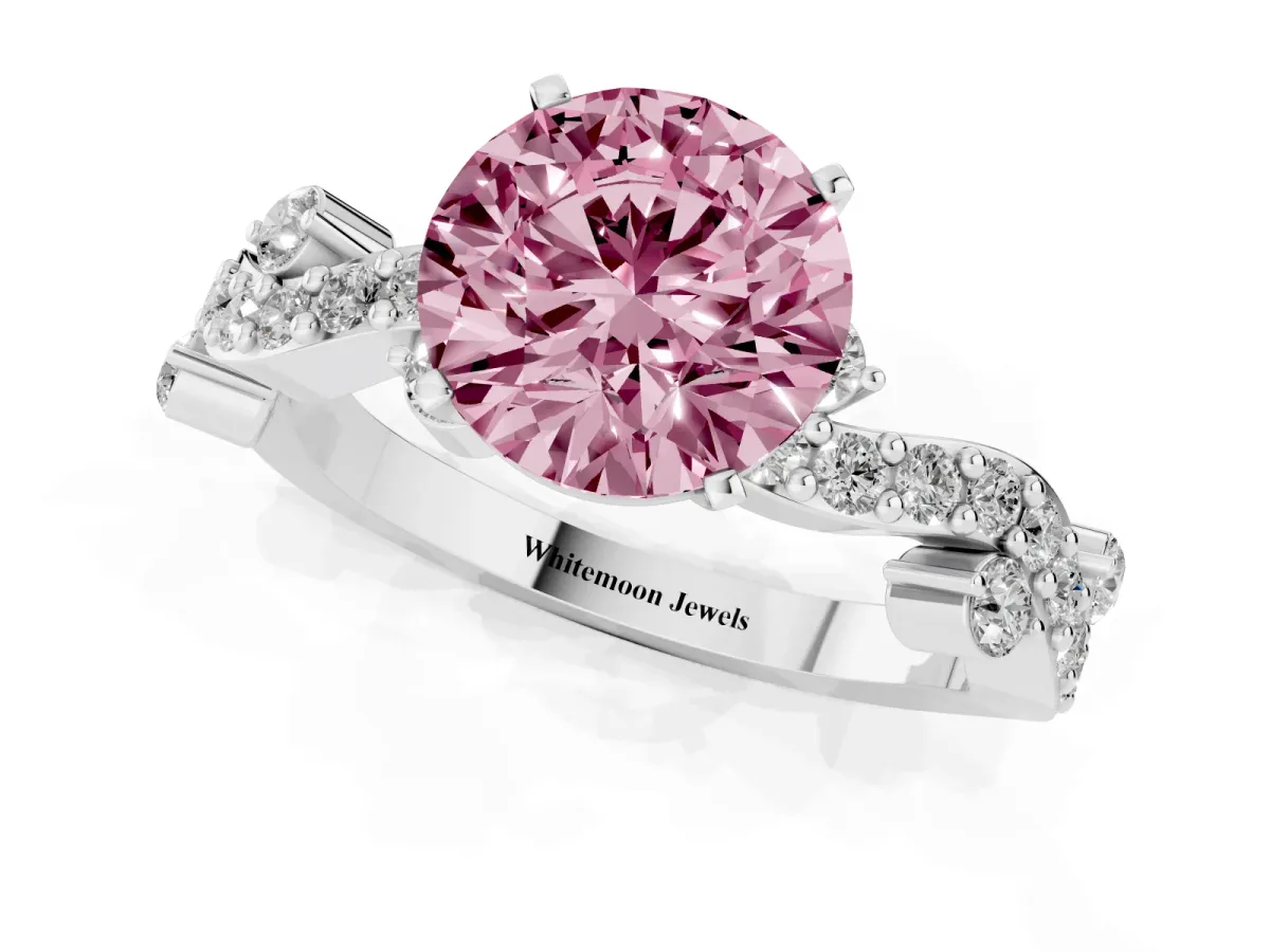 Fancy Pink Round Cut Cut Solitaire Diamond Twisted Band with Pave Setting Silver