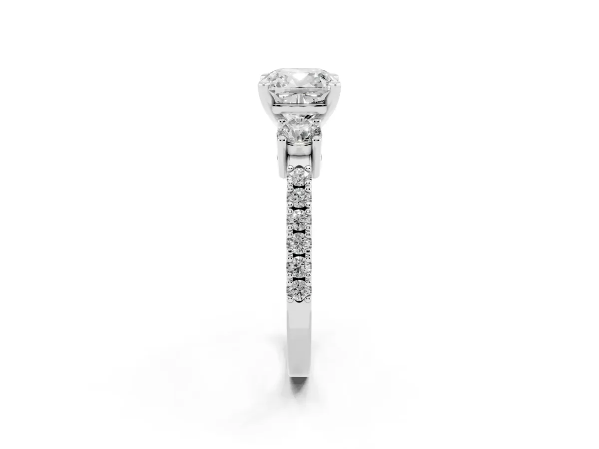 Cushion Cut Three-Stone Diamond Pavé Band with Prong Setting White gold