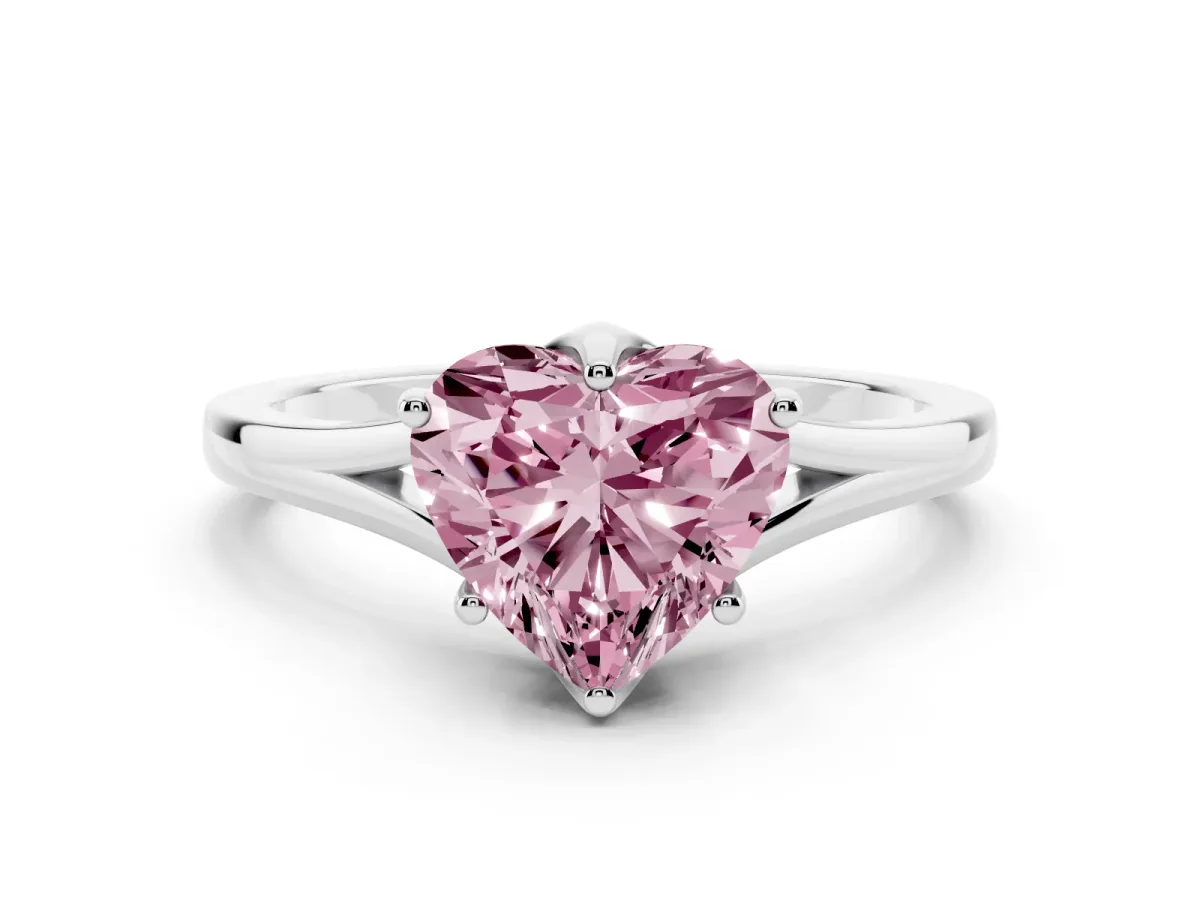 Fancy Pink Heart Cut Solitaire Diamond Ring with Six-Prong Setting and Tapered Band Platinum