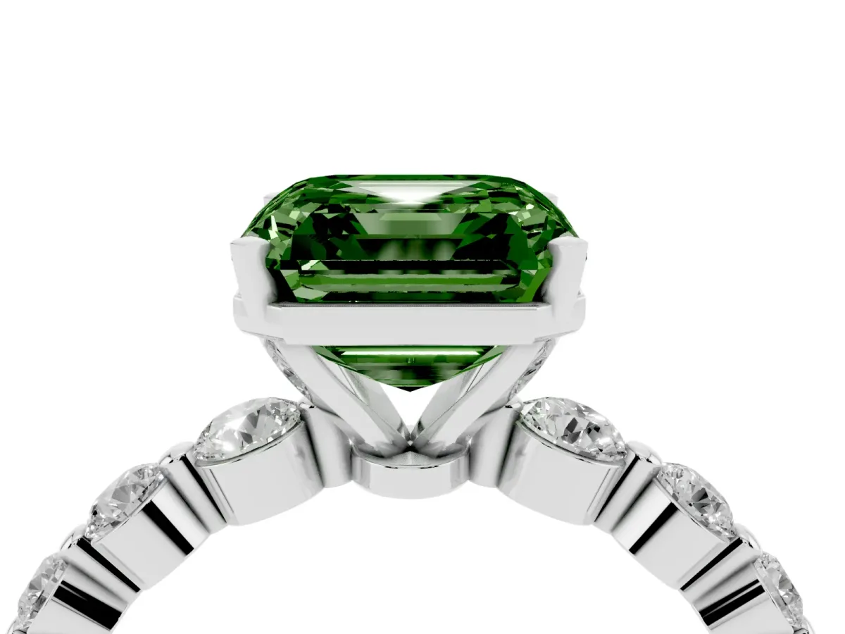 Fancy Green Asscher Cut Solitaire Diamond Ring with Pave Band and Four-Prong Setting Silver