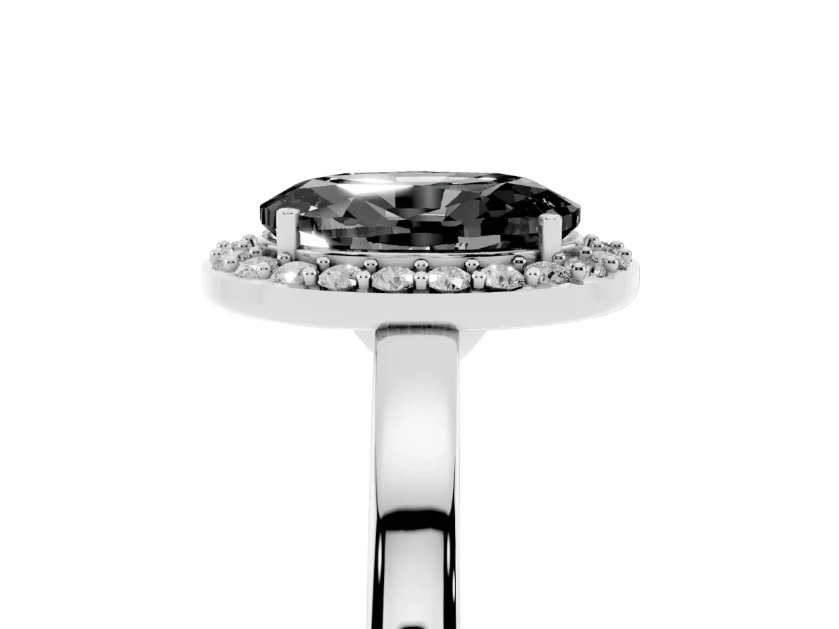 Fancy Black Oval Cut Halo Diamond Ring with Solitaire Band and Prong Setting Silver