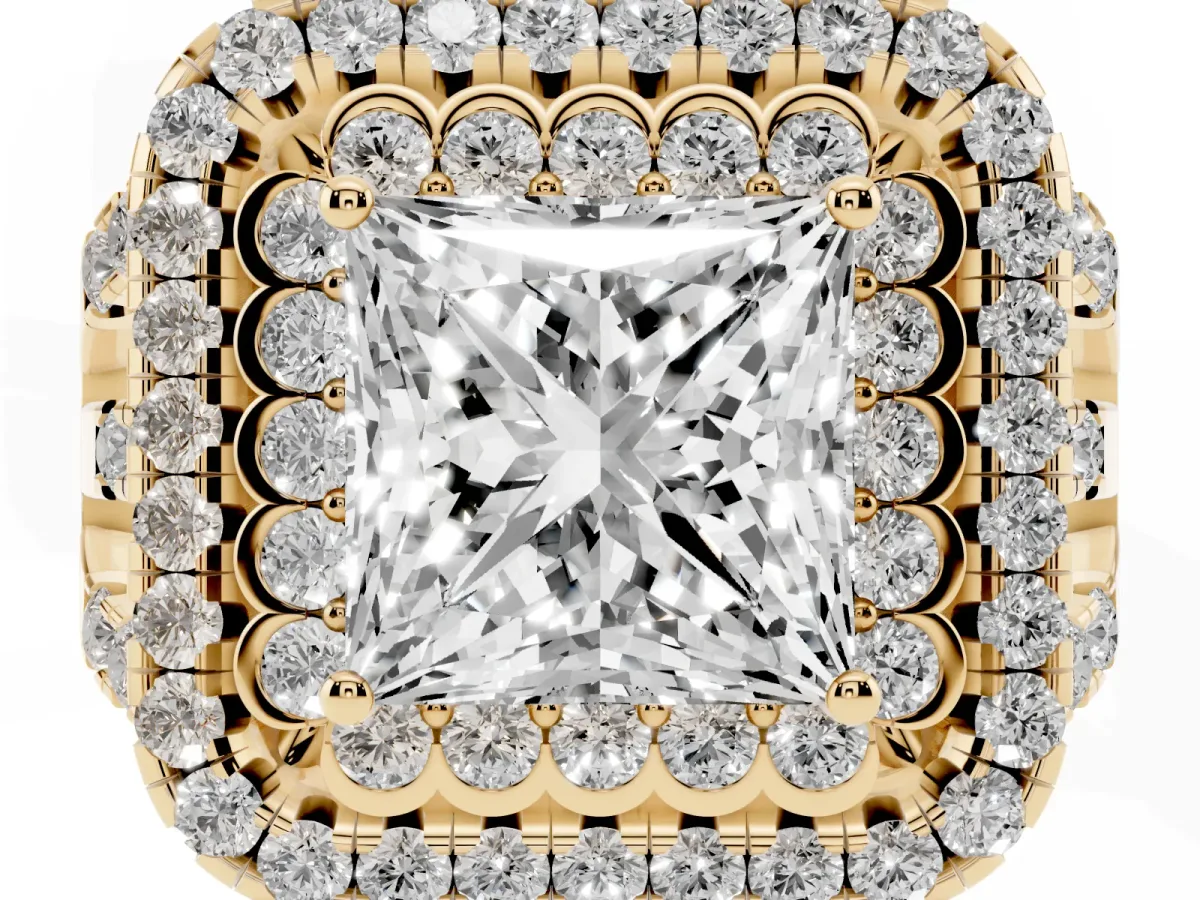 Princess Cut Diamond Double Halo Ring with Round Pavé Split Shank and Prong Setting Yellow gold