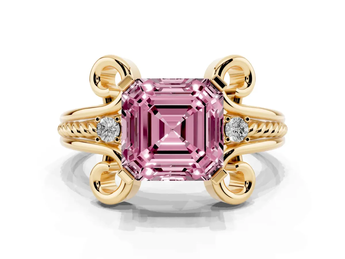 Fancy Pink Asscher Cut Solitaire Twisted Band Scroll Prong Ring Yellow gold
