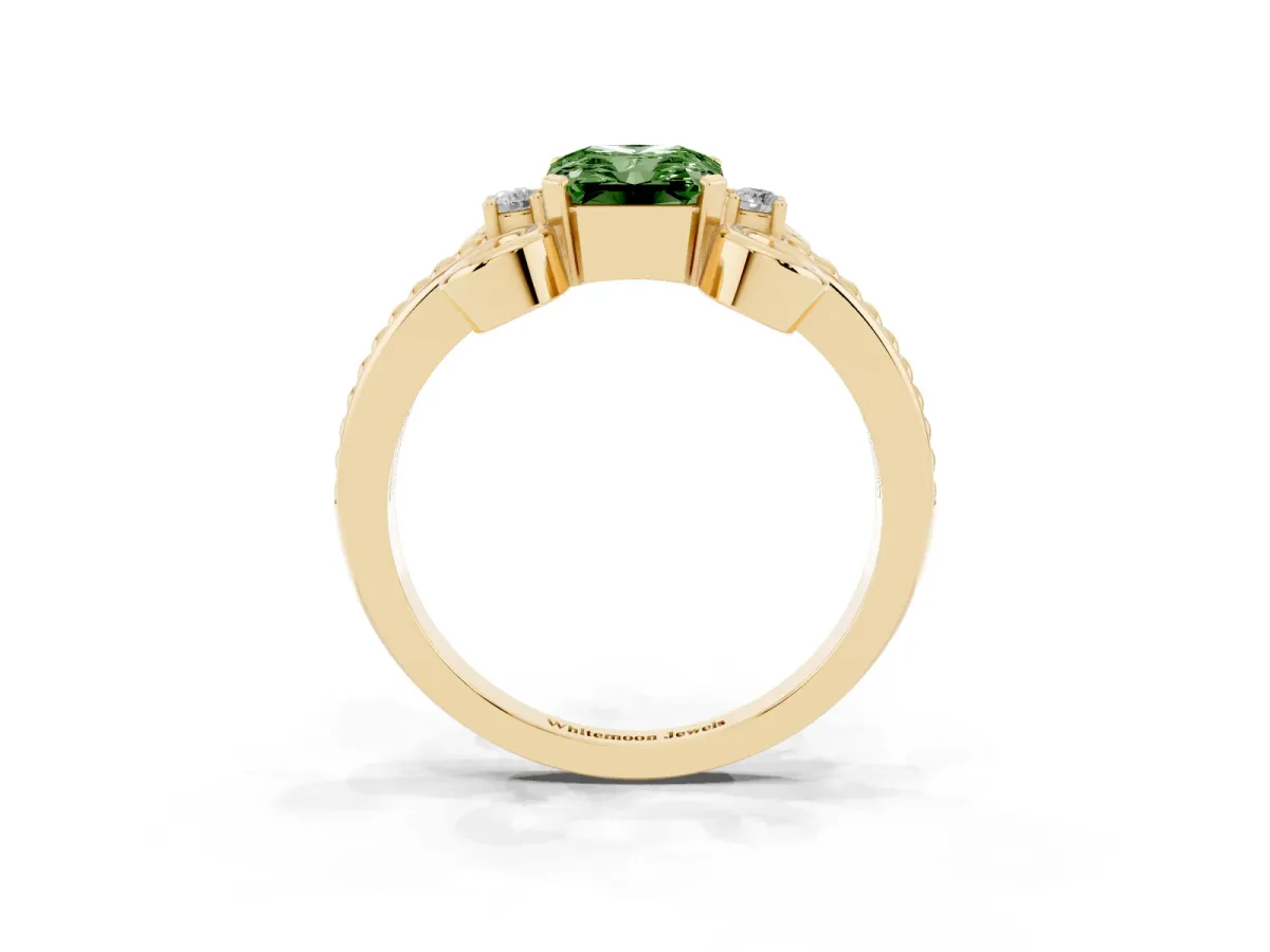 Fancy Green Radiant Cut Solitaire Twisted Band Scroll Prong Ring Yellow gold