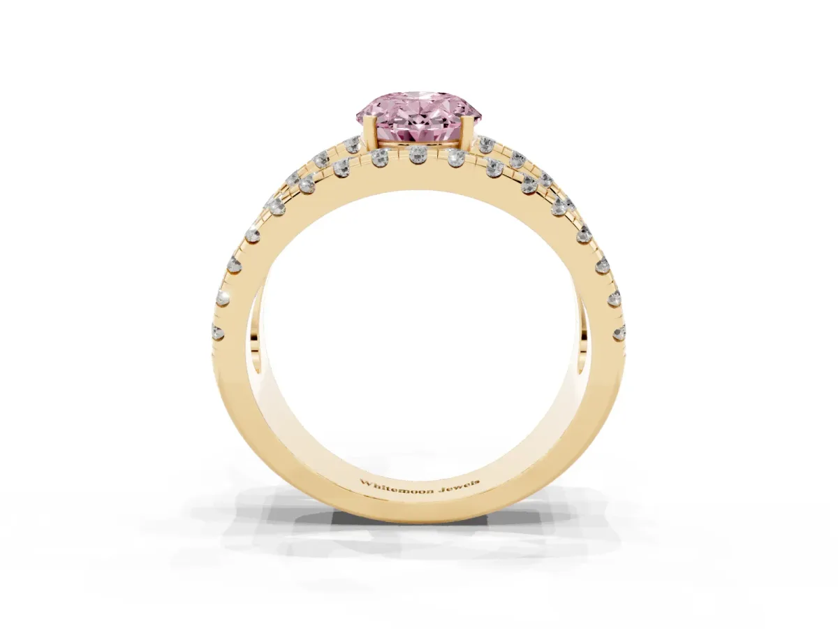Fancy Pink Oval Cut Solitaire Split Shank Pave Diamond Ring Yellow gold