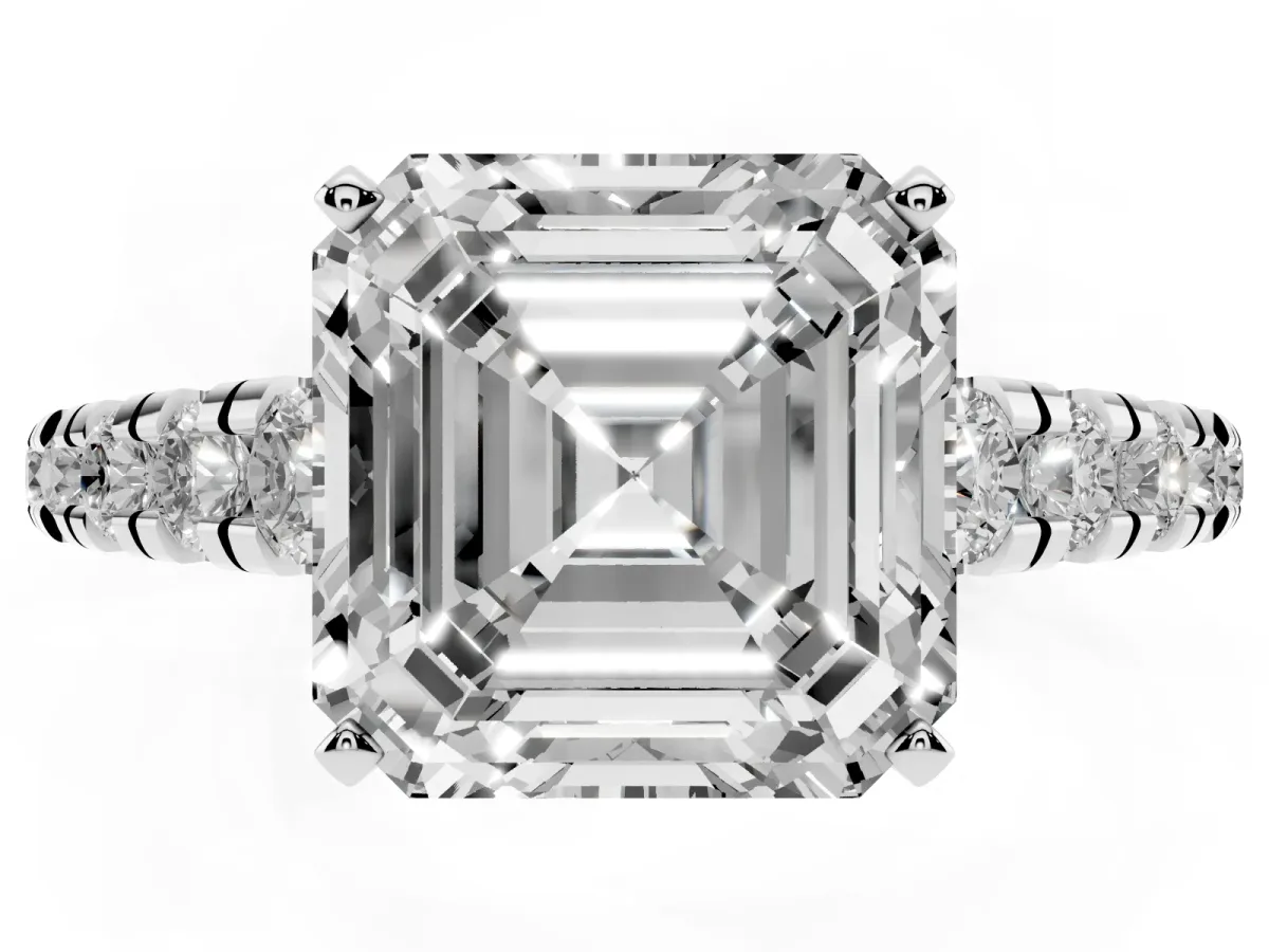 Asscher Cut Diamond Cathedral Solitaire Ring with Round Pavé Band Silver