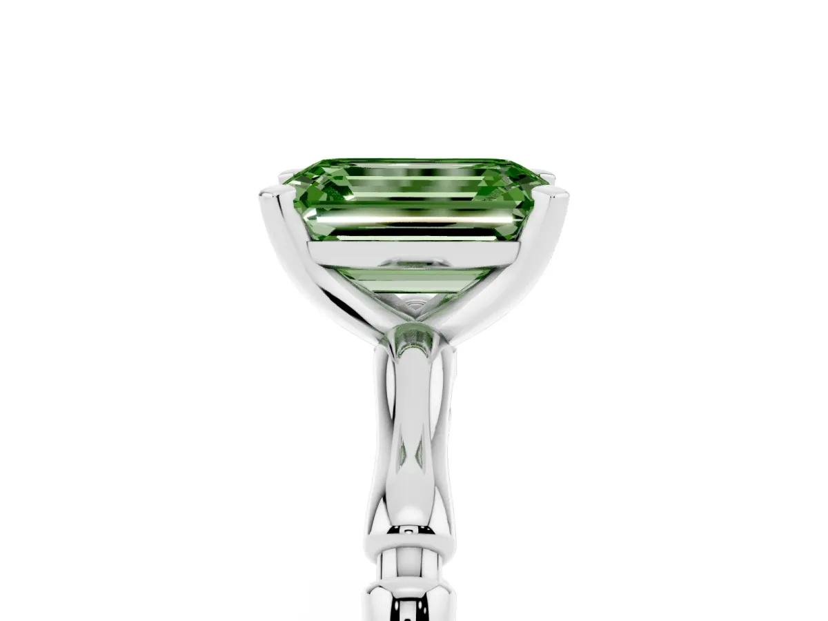 Fancy Green Emerald Cut Solitaire Diamond Ring with Bamboo Band and Four-Prong Setting Silver